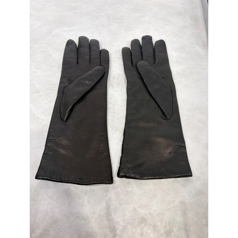 Vintage Black Leather Gloves Mid Length Lined Winter Dress Gloves Small Medium